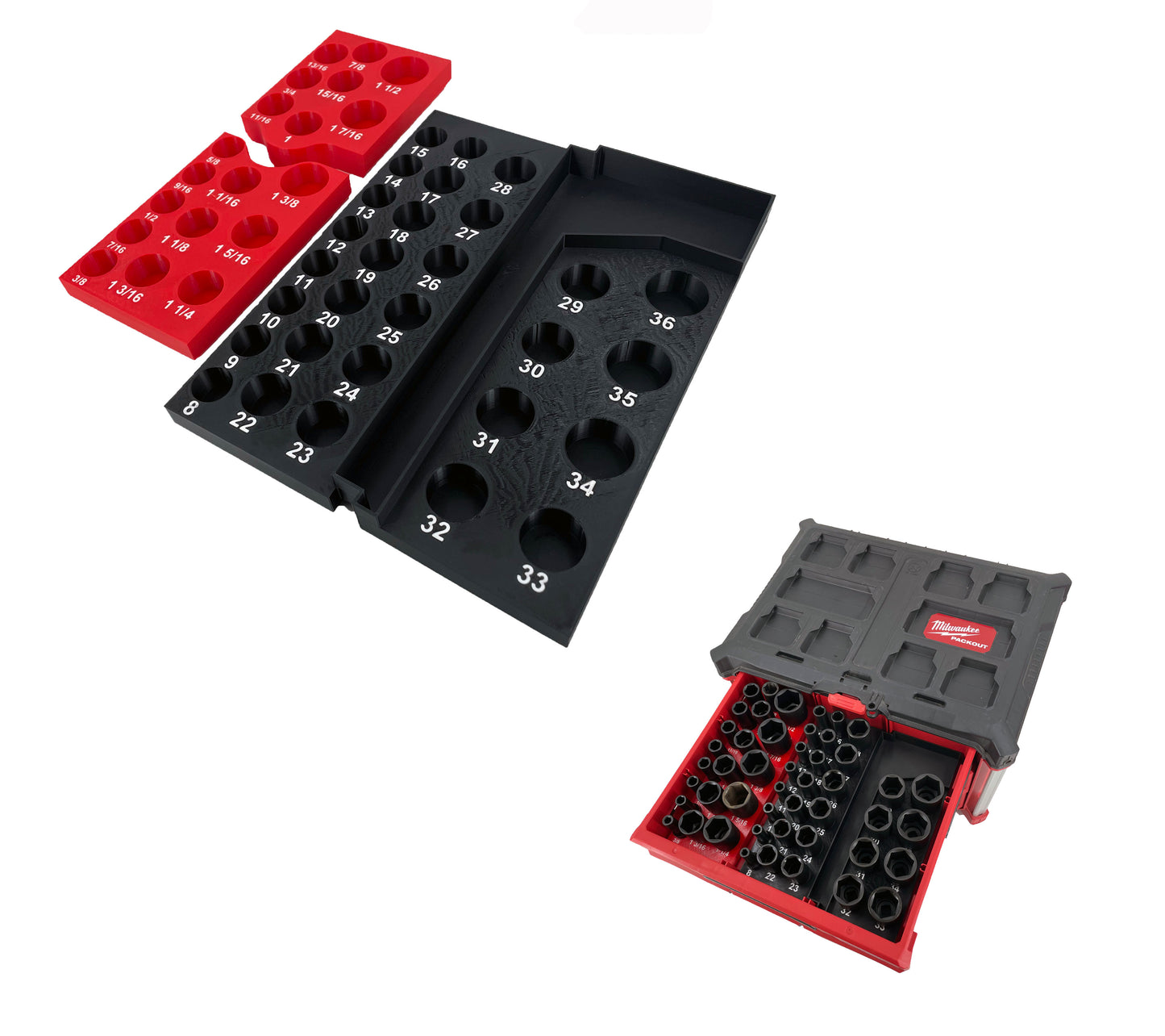 Milwaukee Packout 3 Drawer Tool Box Compatible 1/2" Drive Deep Socket Tray Insert - Black